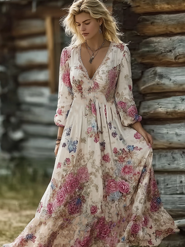 Bohemian Style Floral Butterfly Pattern Women's V-neck Dress