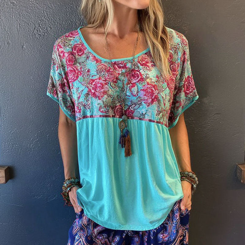 Women's Retro Floral Print Linen Blend Crew Neck T-shirt