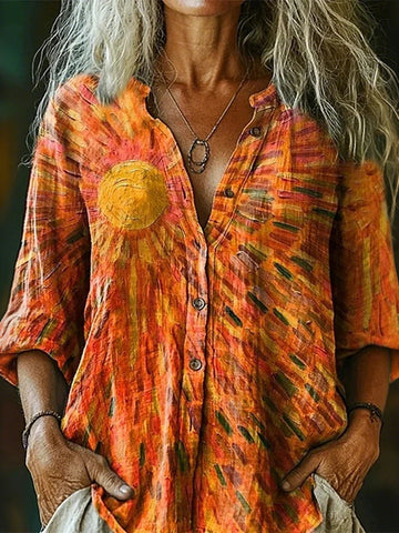 Women's Peace Sun Pattern Casual Linen Shirt