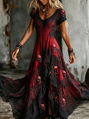 Women's Retro Gothic Skull Lace Gradient Pattern Print Short-sleeve Mixi Dress