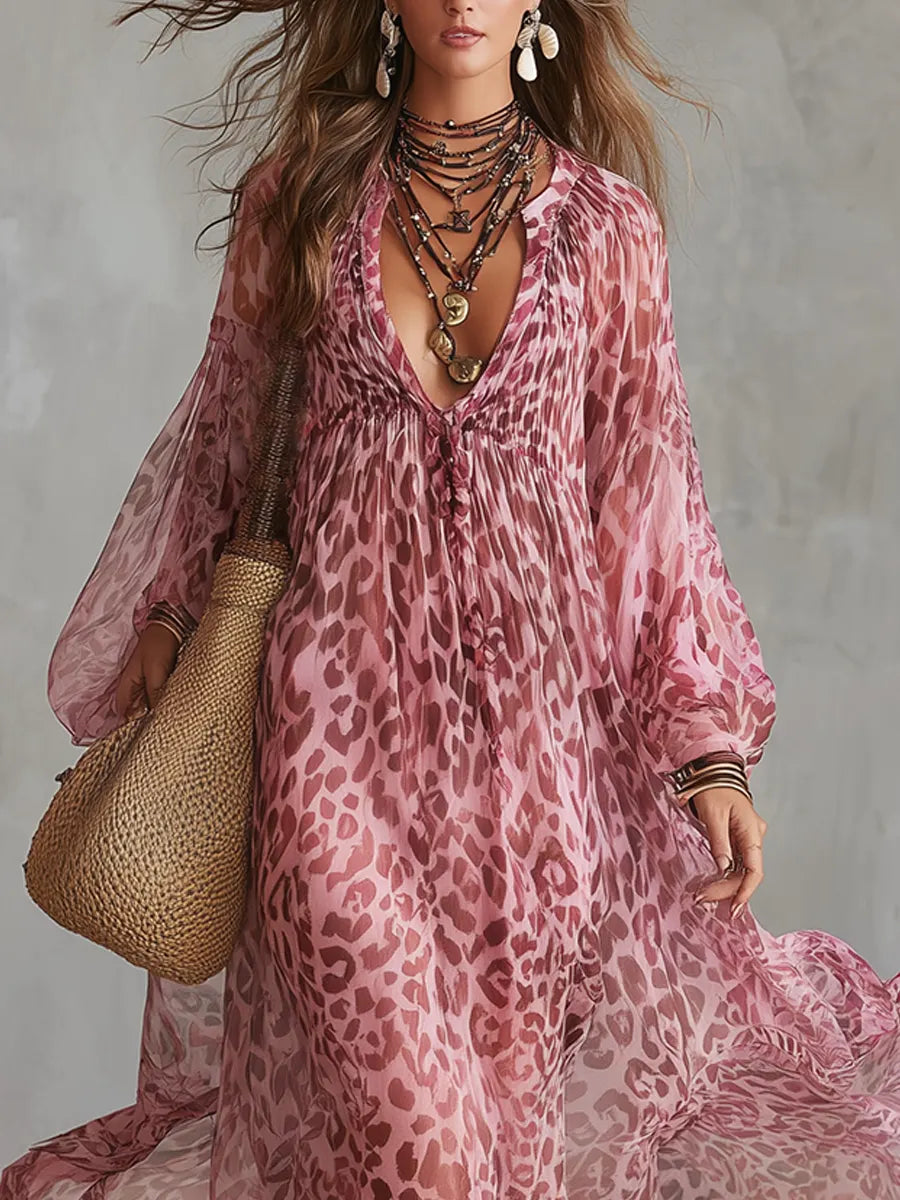 Bohemian Style Pink Chiffon Leopard Print Long Robe Dress
