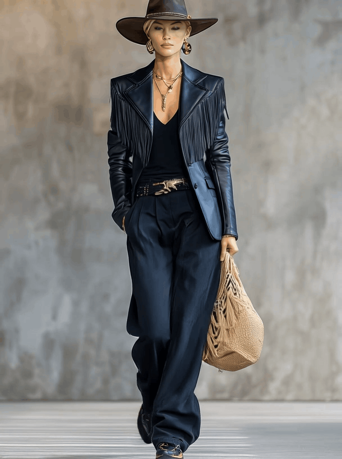 Vintage Fashion Handsome Notch Lapel Shoulder Tassel Decoration Black Leather X-shaped Blazer