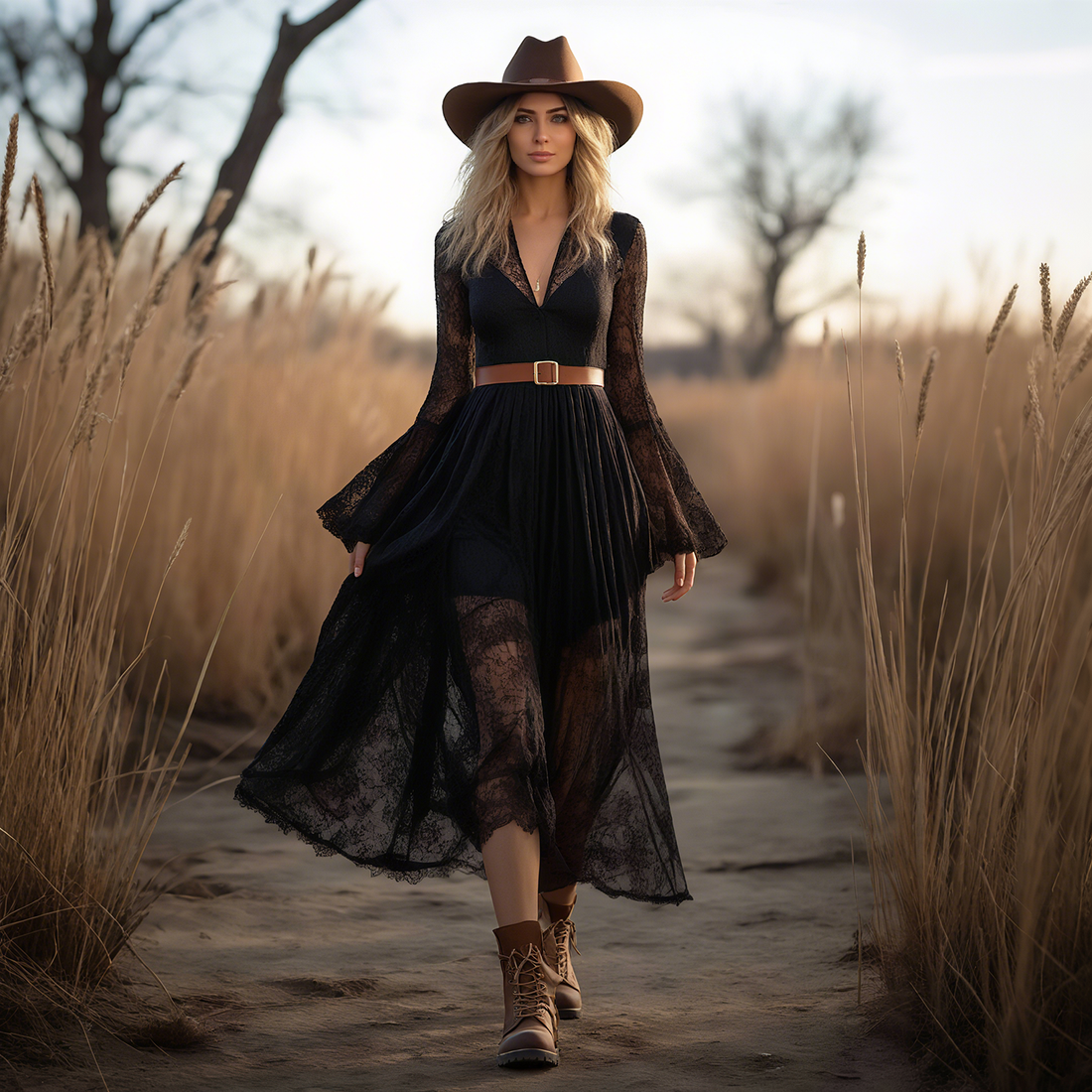 Bohemian Lace Black V-Neck Swing Midi Dress