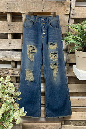 Casual Plain Wide Leg Ripped Washed Jeans
