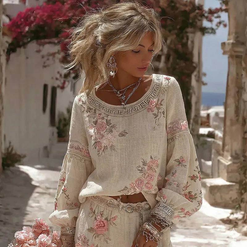 Women's Greece Vacation Greek Key With Floral Print Linen Tops