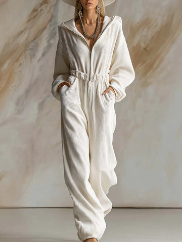 Casual Loose Fashionable White Corduroy Hooded Front Zipper Long Sleeve Jumpsuit