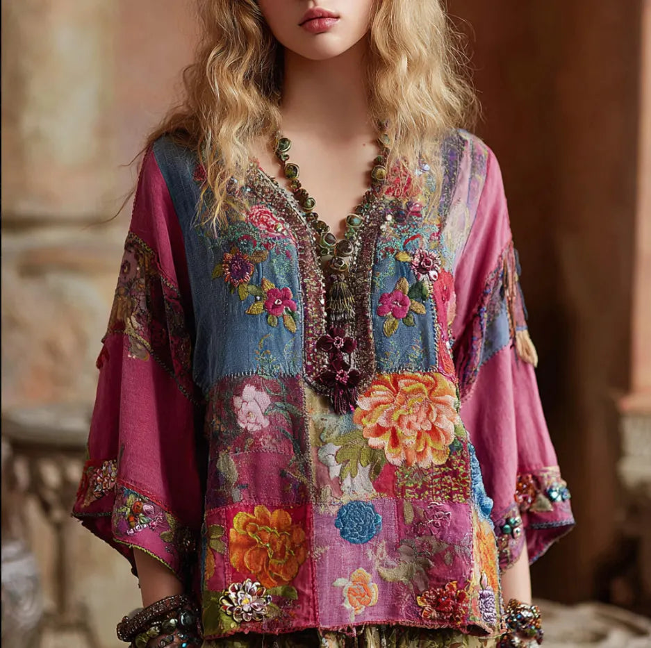 Bohemian Patchwork Multi-colored Floral Embroidery Pink V-neck Short-sleeved Shirt