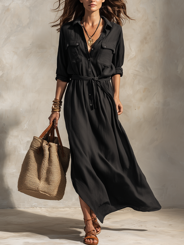 Refined Belted Linen Shirt Maxi Dress