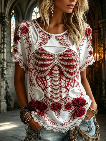 Women's Halloween Rose Skull Design Round Neck Cotton Linen Short-sleeve Top