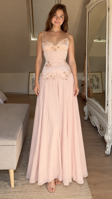 Spaghetti Strap Beaded Chiffon Evening Gown