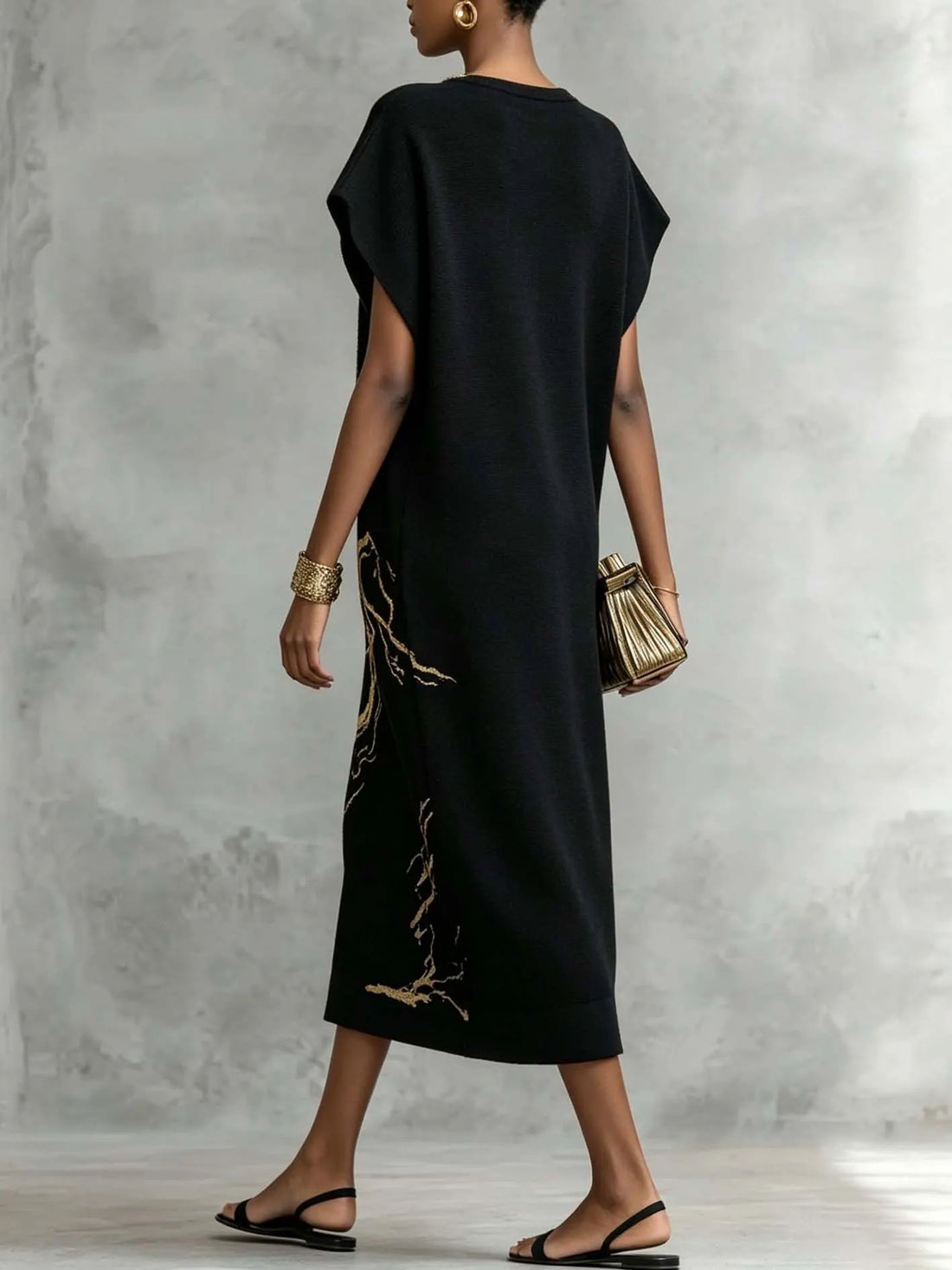 Black Vintage Gold Pattern Knit Maxi Dress