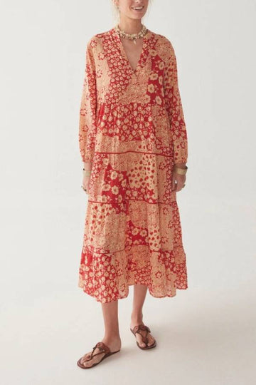 Bohemian Patchwork Print V‑Neck Long Sleeve Maxi Dress
