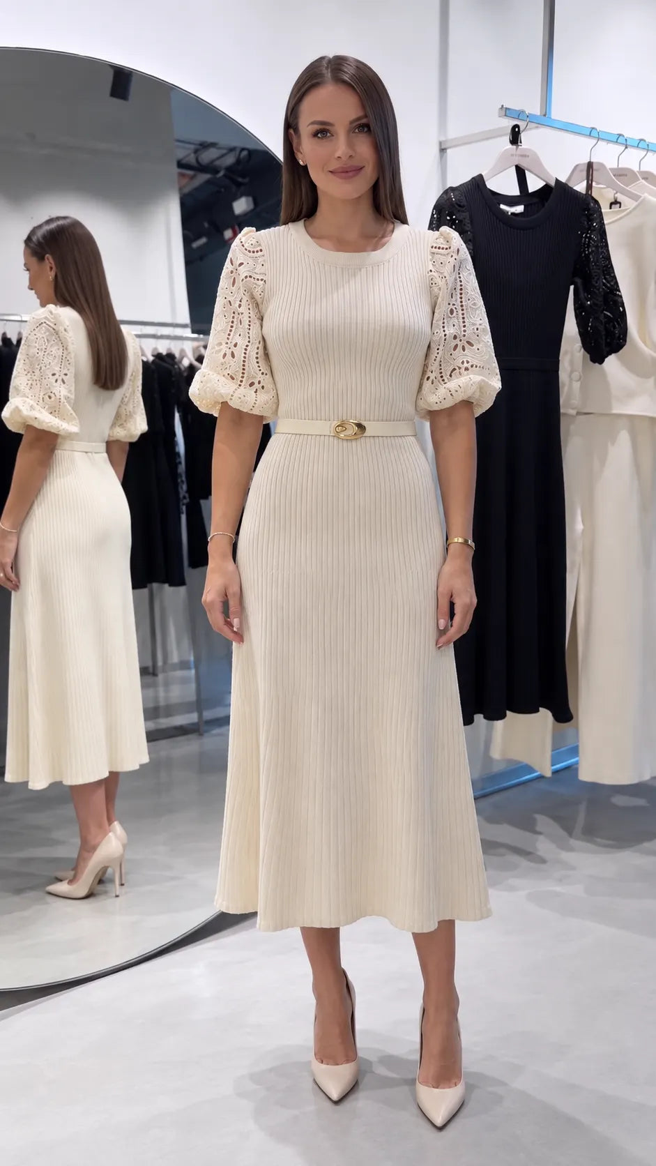 Ribbed Knit Eyelet Puff Sleeve Midi Dress