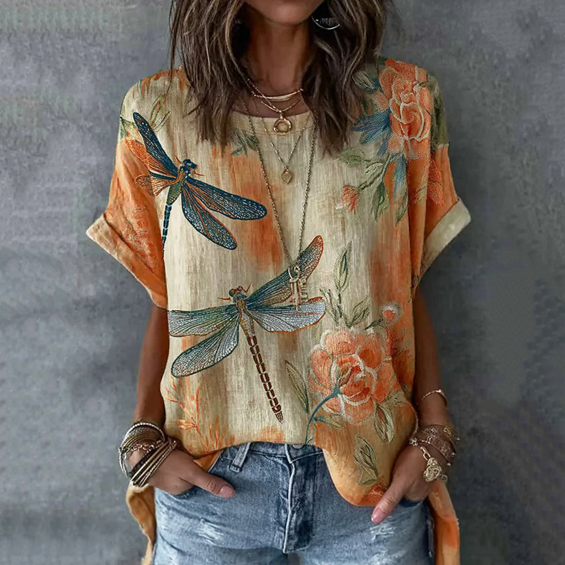 Vintage Dragonfly And  Floral Pattern Linen Blend Short Sleeve Tops