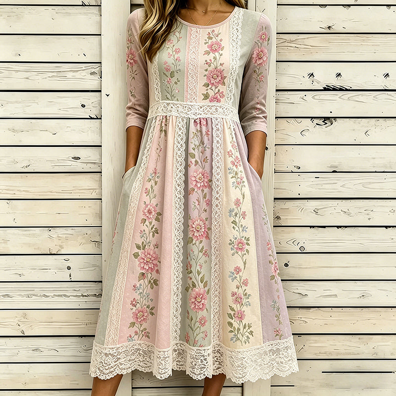Women's Ethnic Morandi Contrast Color Patchwork Linen Dress