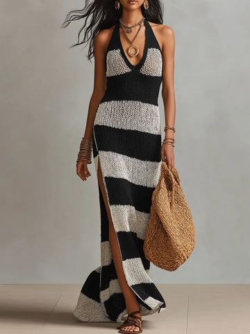 Effortless Bohemian Stripe Halter Knit Maxi Dress