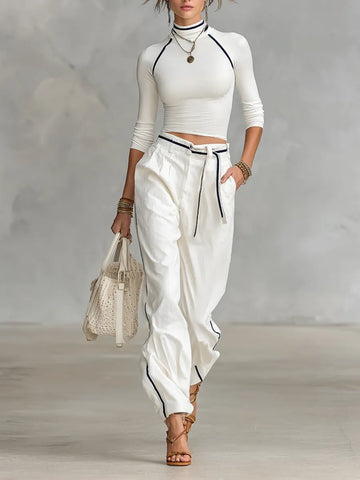 Women's Casual Half-high Collar Long-sleeved T-shirt Straight Pants Two-piece Set MDA2527G5Y