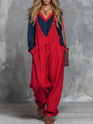 Retro Bohemian Style Color-blocked Cotton And Linen Top And Overalls Set