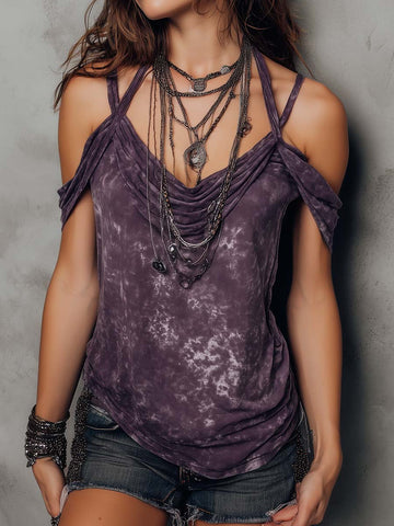 Retro Bohemian Tie-Dye Print Shoulder Strap Top