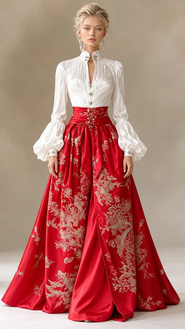 Ivory Poet Blouse & Embroidered Red Maxi Skirt Set