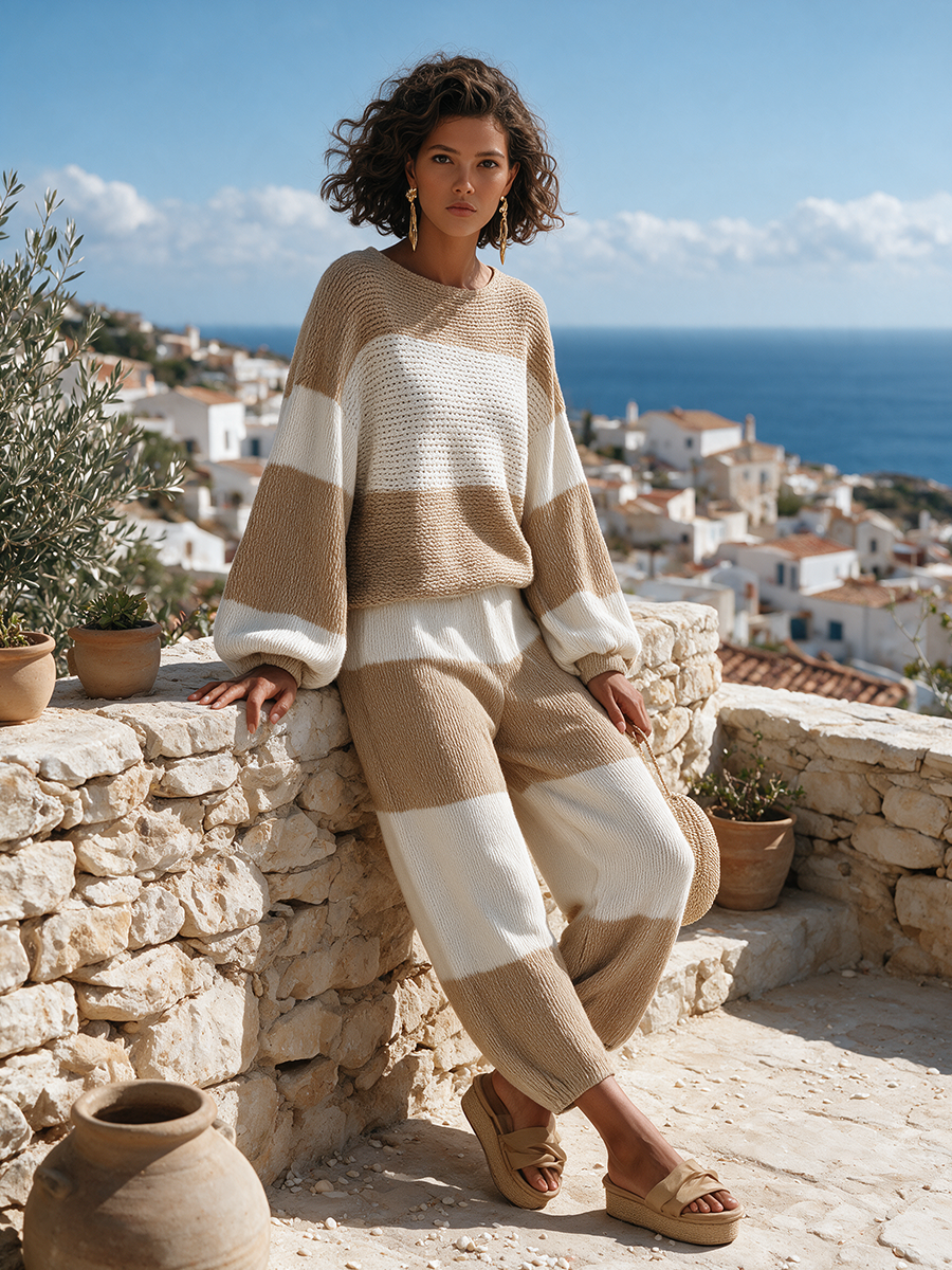 Women's Casual Wool-Knit Contrast-Stripe Round-Neck Dropped-Shoulder Blouson-Sleeve Sweater & Cuffed Wide-Leg Trouser Set MDZ1855H8CMX