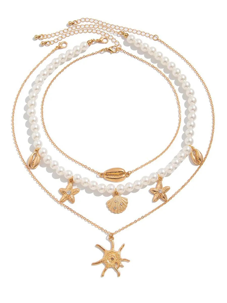 Bohemian Imitation Pearl Holiday Style Retro Starfish Shell Pendant Necklace Set