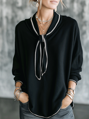 French Knit Draped-Fit Classic Black Contrast Piping Tie-Neck Blouse