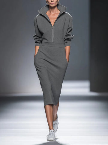 Women's Casual Cotton Polyester Half  Zip Midi Dress MDA0570H1I