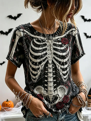 Women's Retro Halloween Style Floral Skull Embroidery Print Top