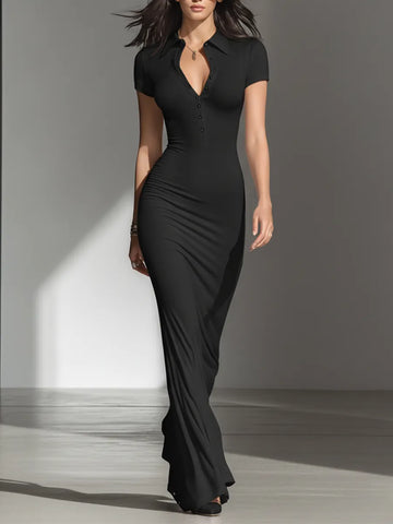 Women's Solid Black Soft Jersey Floor Dress With V Neck Henley Buttons & Figure-Hugging Silhouette, Modern Minimalist Casual Formal Maxi Dress MDZ2617F2LYL