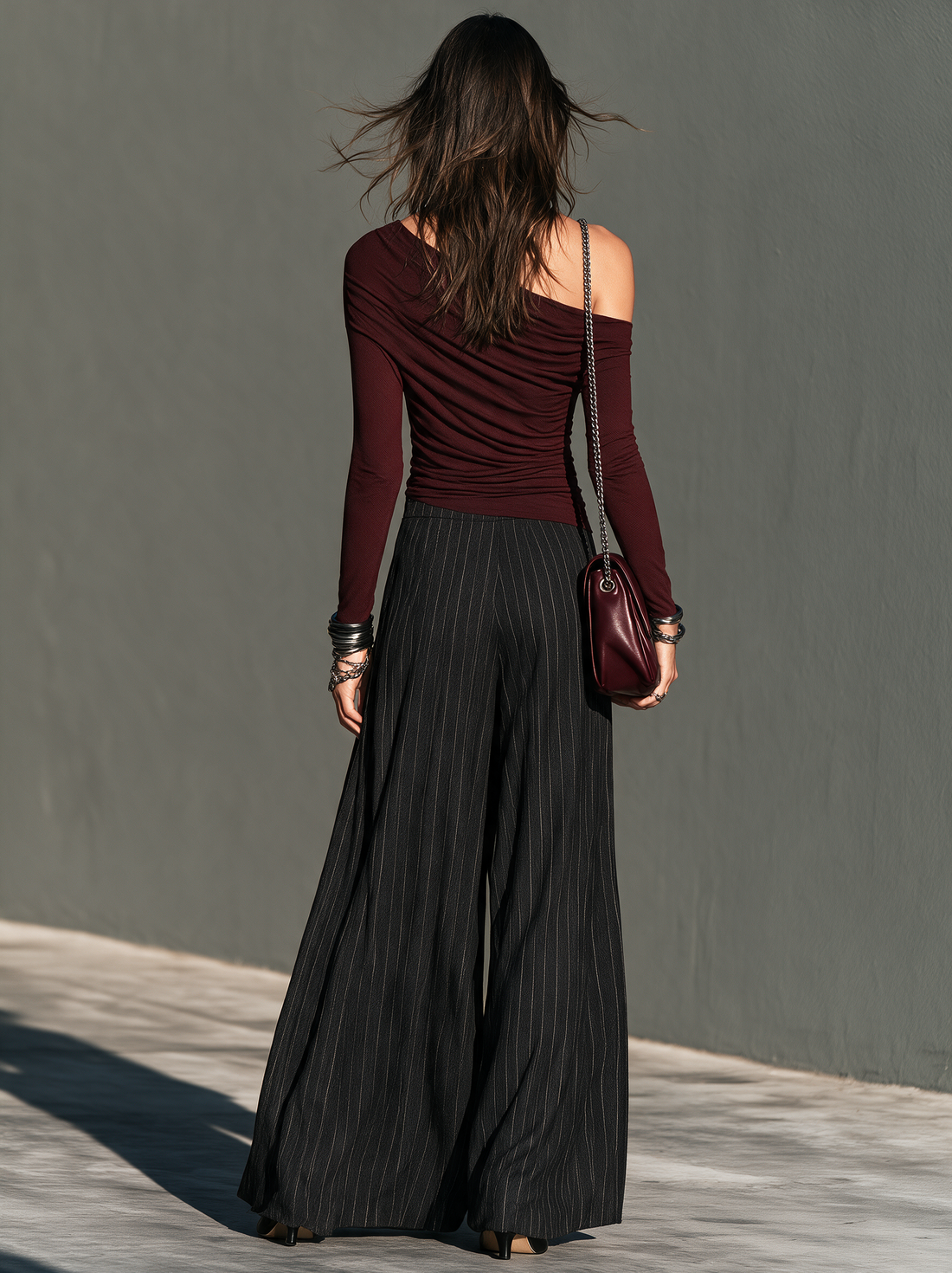 Women's Elegant Burgundy Stretch-Knit One-Shoulder Top And Black Woven Trousers Two-Piece Set MDZ0200I2LXY