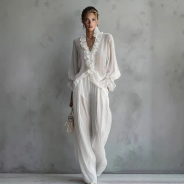 Elegant White Ruffle V-Neck Set - Flowy Lantern Sleeve Top & Wide Leg Pants Resort Suite