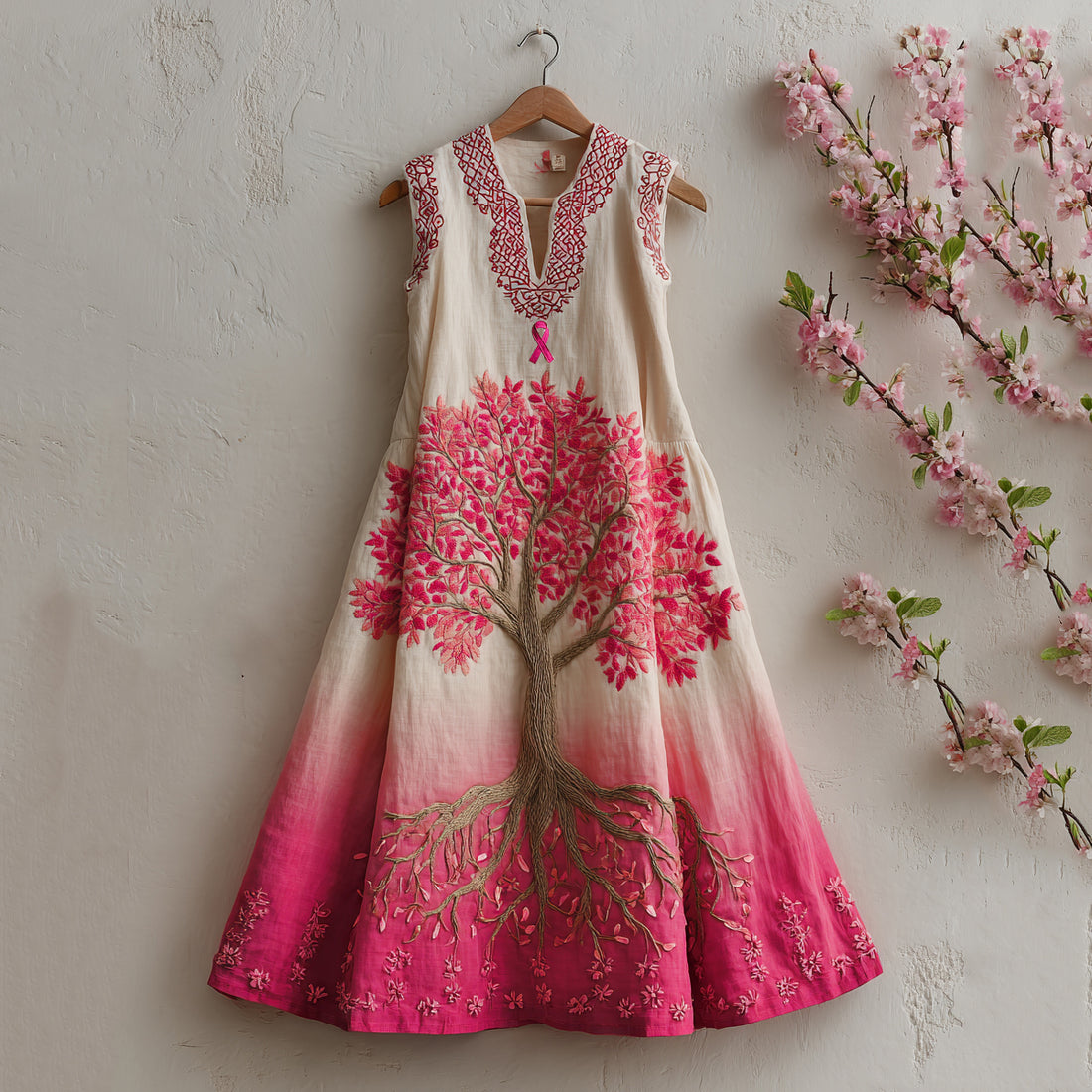 Women's Tree Of Life Pink Ribbon Embroidery Tank Maxi Dress