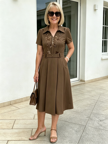 Brown Collared Sequin Embellished A-Line Midi Dress, Belted Waist Short Sleeve Elegant Dress for Mature Plus Size Women