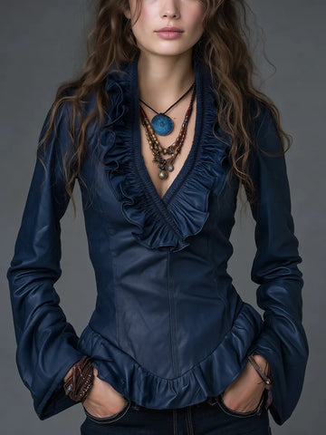 Vintage Navy Ruffle Tie-Front Top