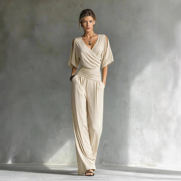 French Chic Wrap V-Neck Jumpsuit - Elegant Ruched Waist Wide-Leg Romper with Shoulder Cut-outs