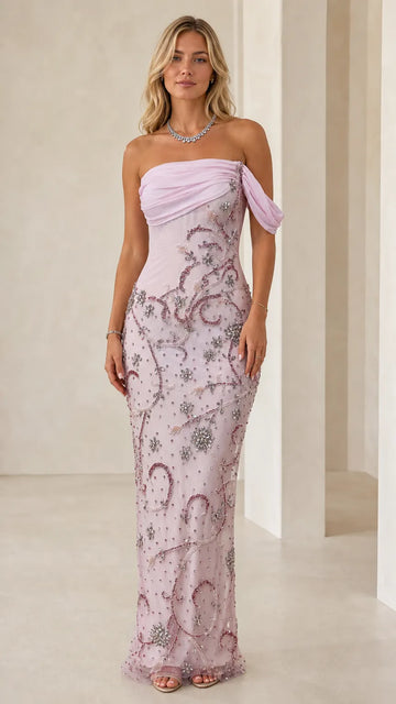 Off-the-Shoulder Draped Chiffon Beaded Formal Evening Maxi Gown