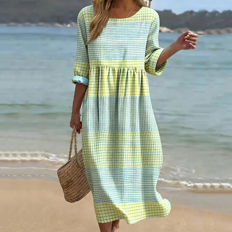 Women's Japanese Color Block Art Linen-blend Maxi Dress