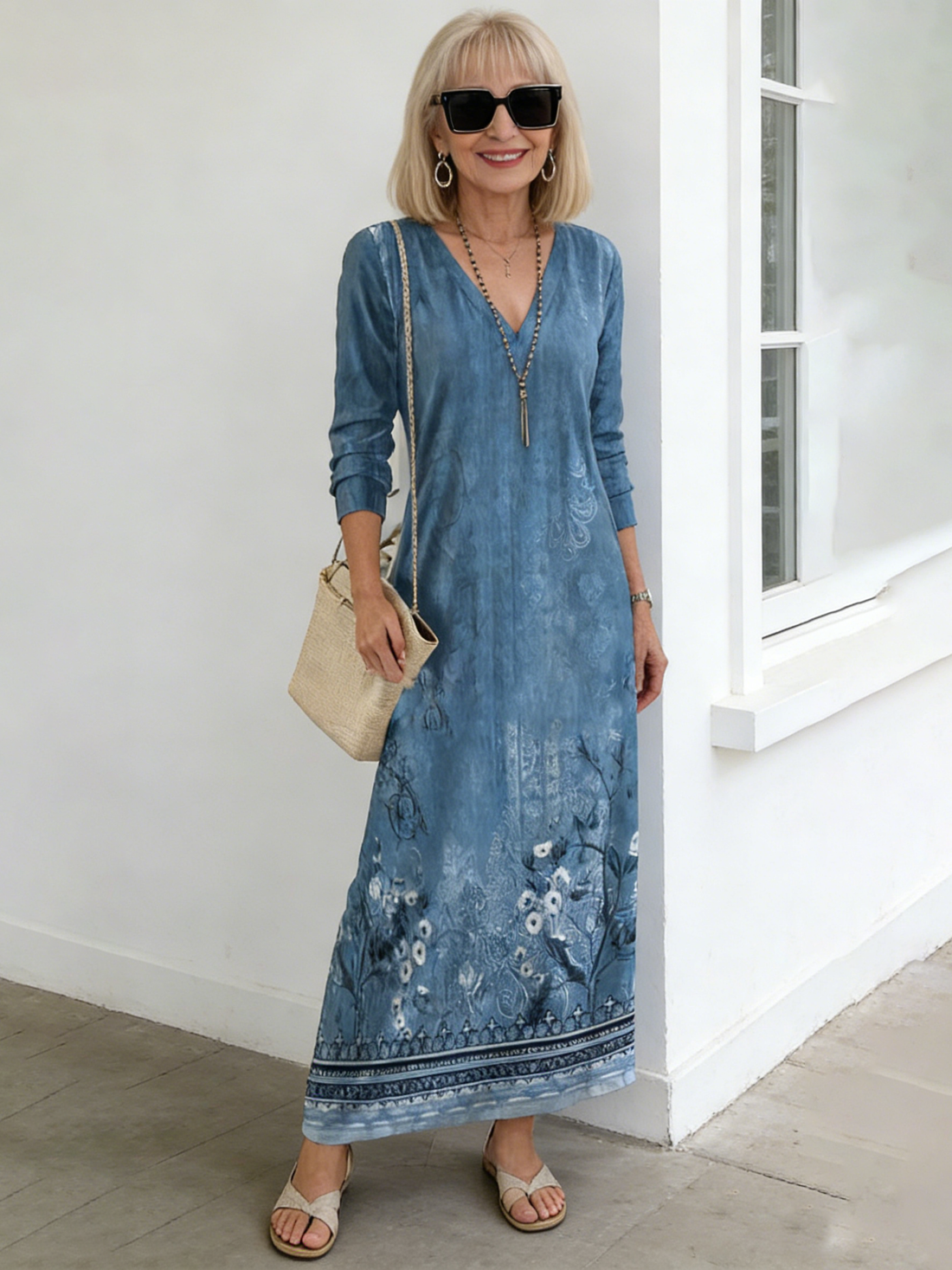 Digital Printing V-neck Long-sleeved Dress