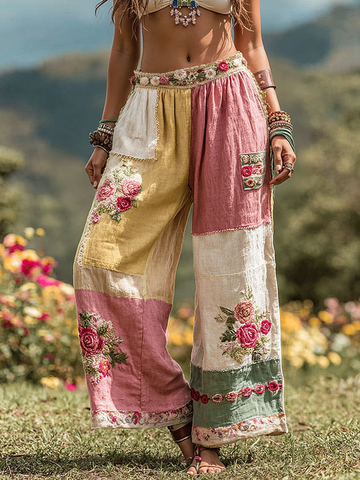 Women's Vintage Floral Art Linen Casual Wide Leg Pants
