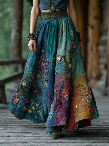 Women's Retro Boho Floral Embroidery Patchwork Art Linen Blend Casual Midi Skirt