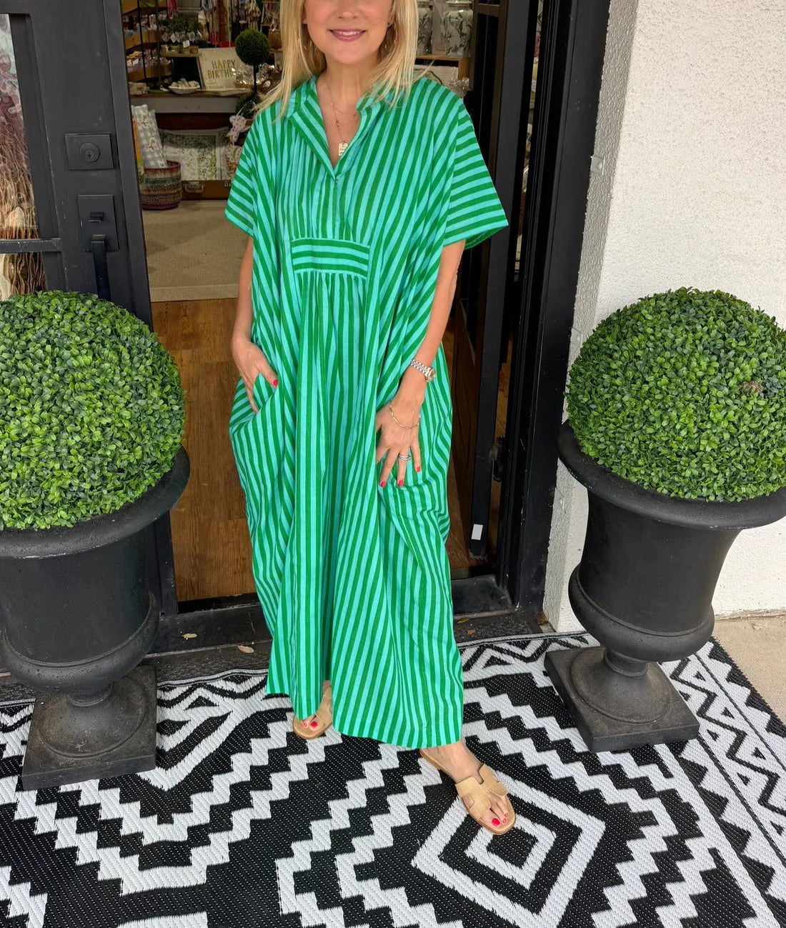 Women's V Neck Striped Shirt Dress