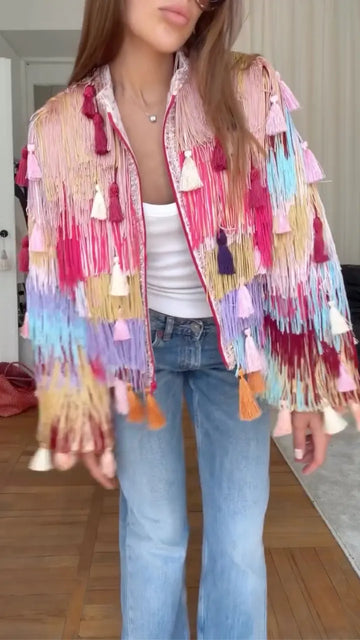 Colorful Tassel Fringe Zip‐Up Boho Jacket