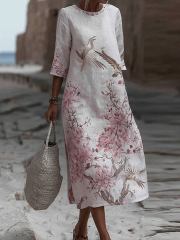 Japanese Plum Blossom Art Embroidered Casual Linen Maxi Dress