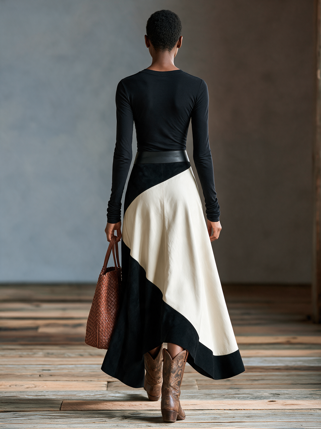 Women's Vintage Long-Sleeve T-Shirt And Faux Suede & Faux Leather Paneled Skirt Set MDZ3156H5WY