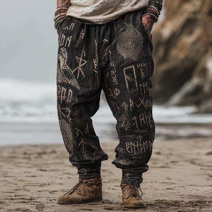 Men Boho Rune Graphic Linen Harem Pants