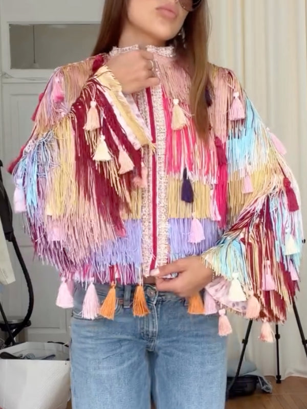 Colorful Tassel Fringe Zip‐Up Boho Jacket