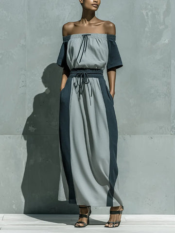 Women’s Two Tone Grey Off The Shoulder Short Sleeve Drawstring Waist Color Block Loose Maxi Dress With Side Pockets MDZ2924F0T
