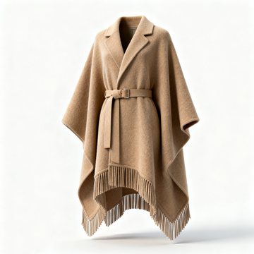 Women's Elegant Camel Cape Jacket With Fringe And Belt