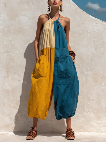 Women’s Boho Tri-Color Block Halter Sling Oversized Linen Baggy Jumpsuit With Big Cargo Pockets MDZ2362F8T
